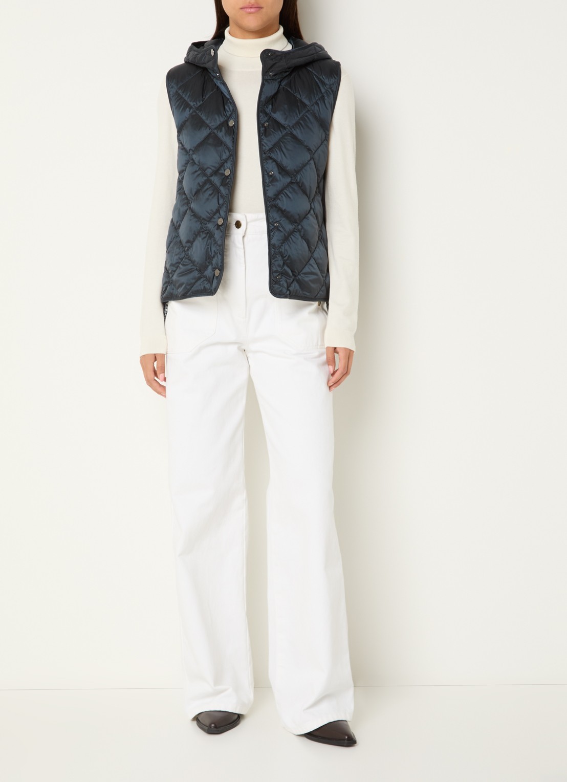 MaxMara Trefa gewatteerde bodywarmer met quiltpatroon en capuchon  - voorkant 4 donkerblauw