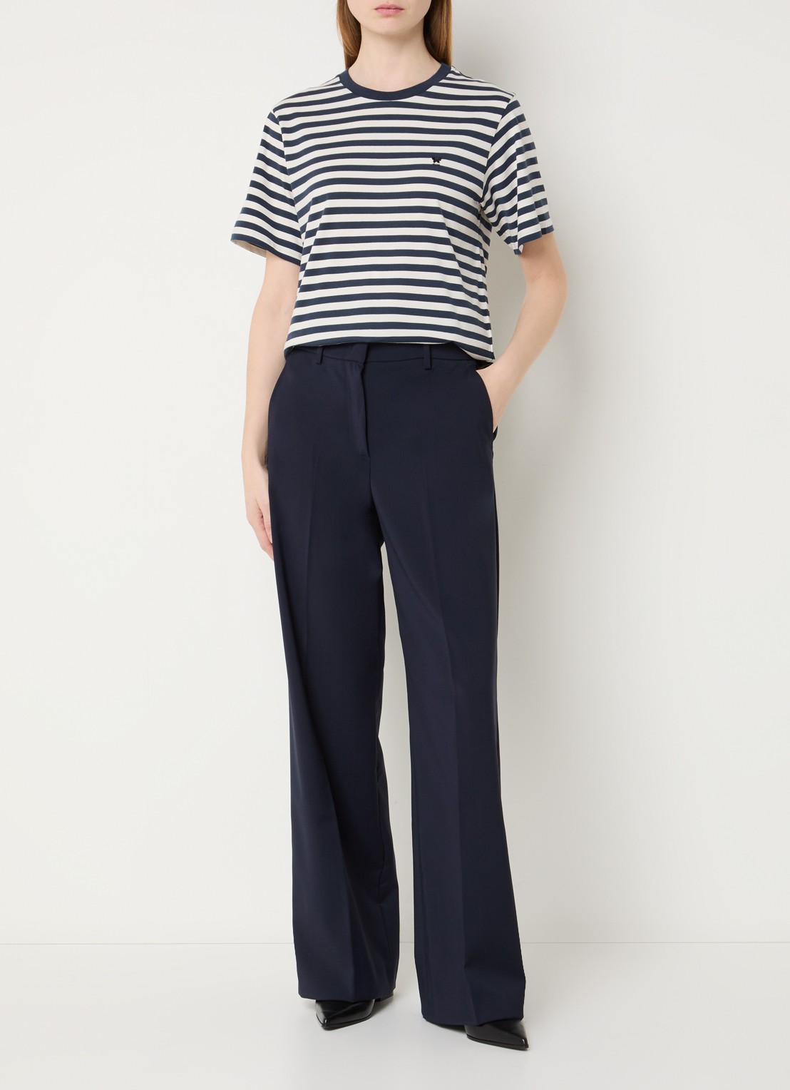MaxMara Venaco T-shirt met streepprint en logoborduring - voorkant 3 donkerblauw