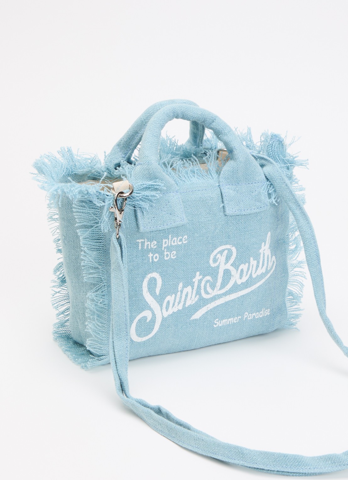 MC2 Saint Barth Vanity Mini handtas van linnen met afneembare schouderriem - achterkant lichtblauw