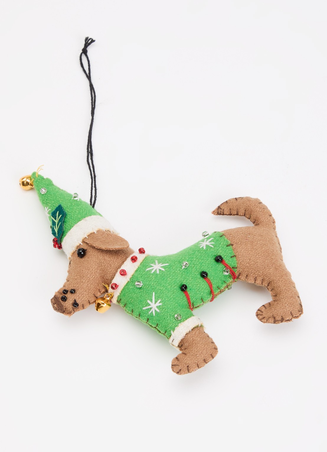 Meander Hond met kerstmuts kersthanger 12,5 cm - detail groen