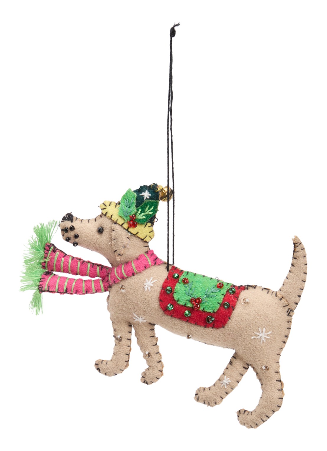 Meander Hond met muts kersthanger 10 cm - voorkant beige