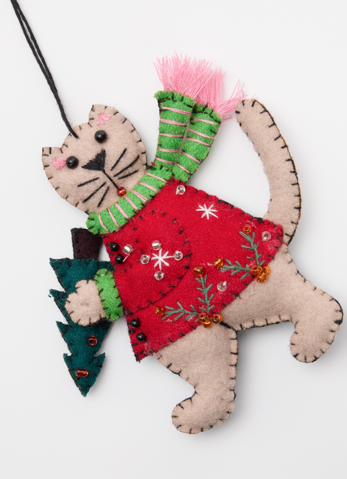 Meander Kat met kerstboom kersthanger 11 cm - detail rood