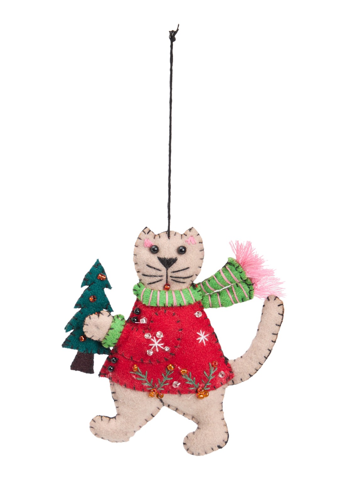 Meander Kat met kerstboom kersthanger 11 cm - voorkant 2 rood
