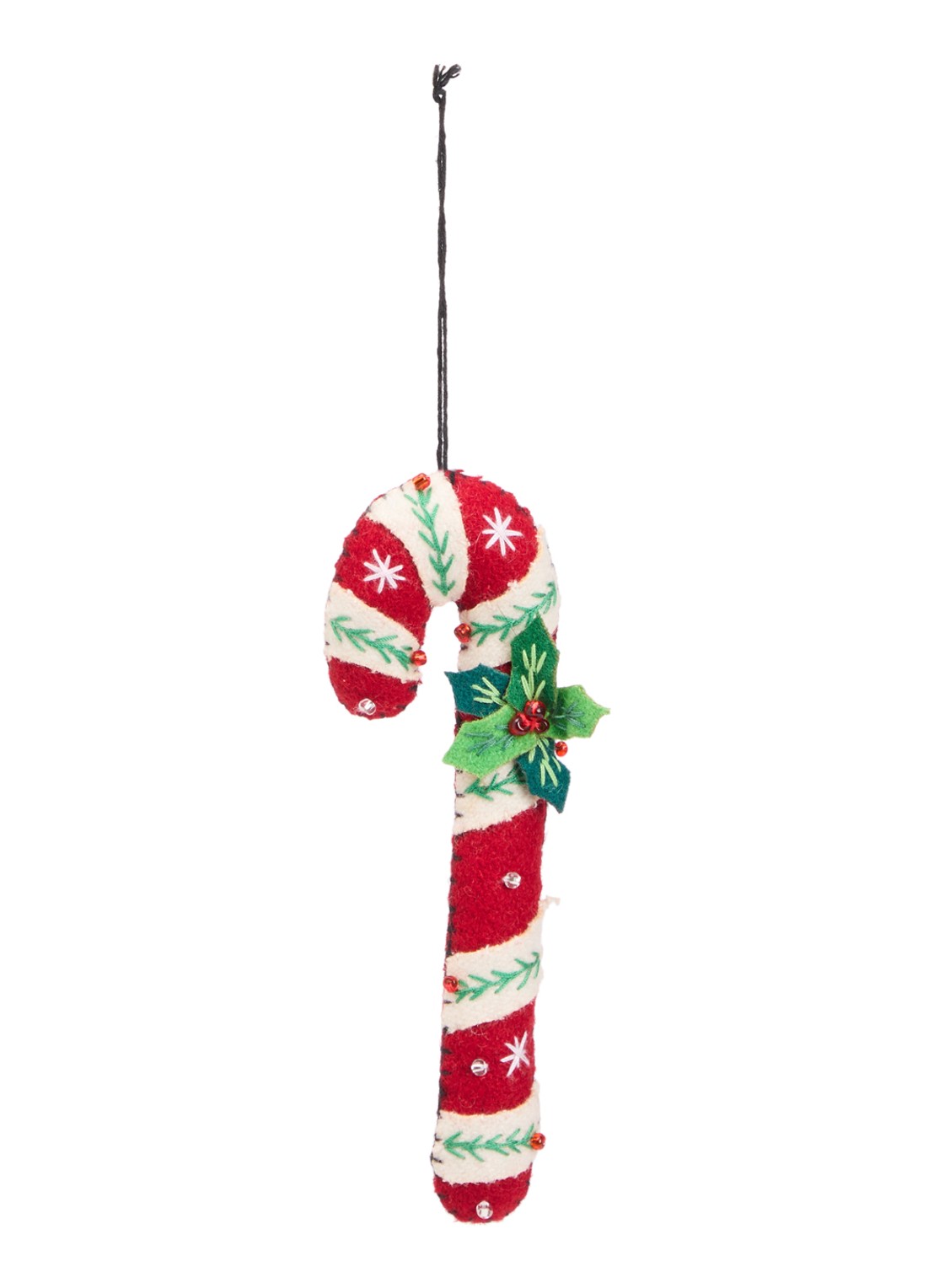 Meander Zuurstok met hulst kersthanger 14,5 cm - voorkant rood