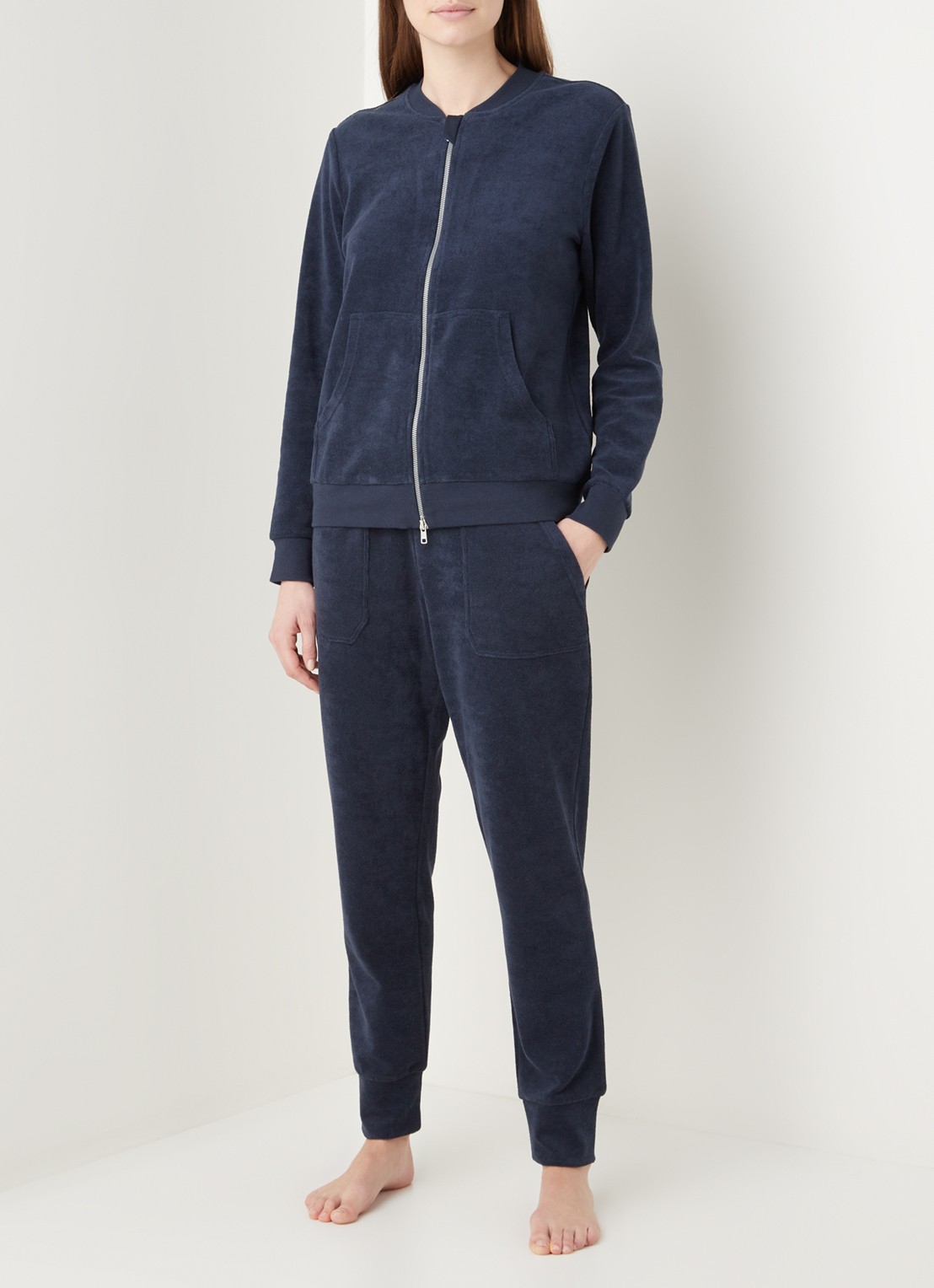 Mey Dunja mid waist tapered fit loungebroek van badstof - voorkant 3 donkerblauw