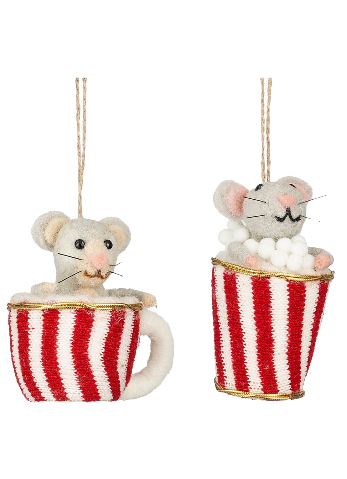 Mica Decorations Muis in beker kersthanger 11 cm set van 2 - voorkant lichtgrijs