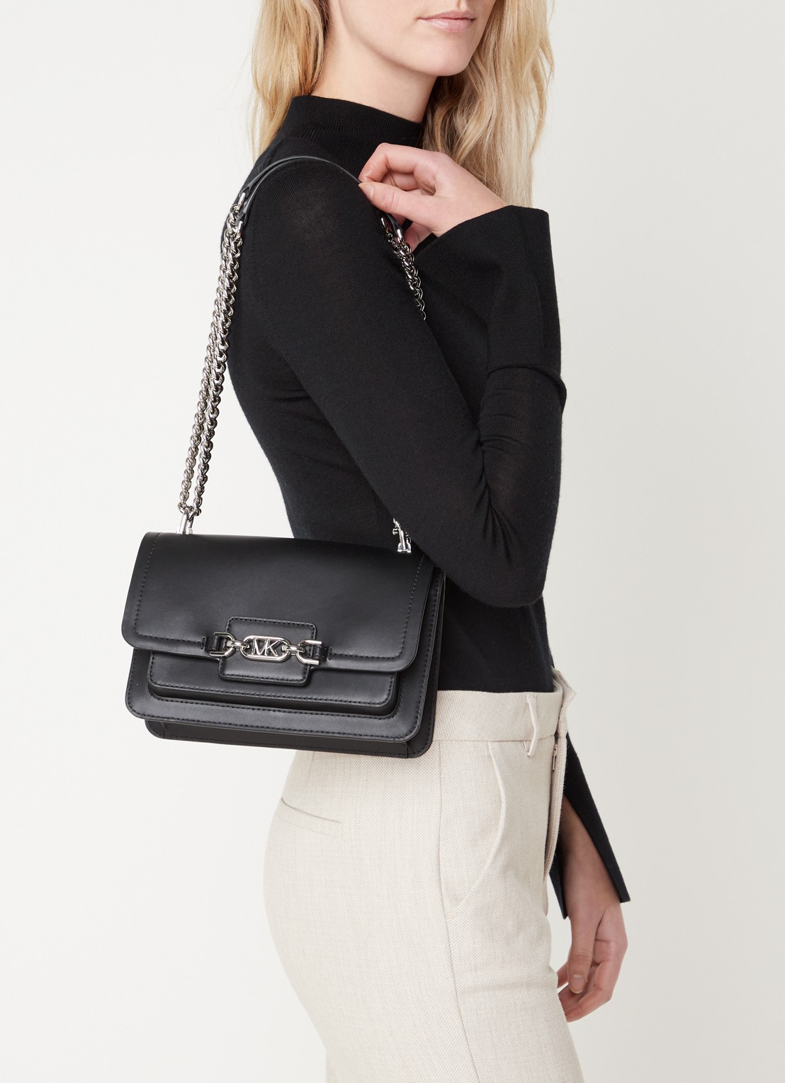 Michael Kors Heather Large schoudertas met logoprint - voorkant 4 diepzwart