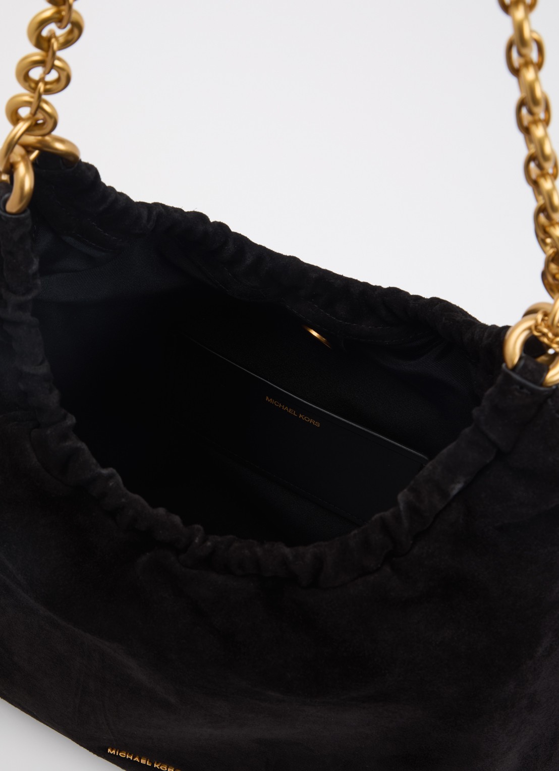 Michael Kors Indie schoudertas van suéde met kettingdetail  - detail zwart