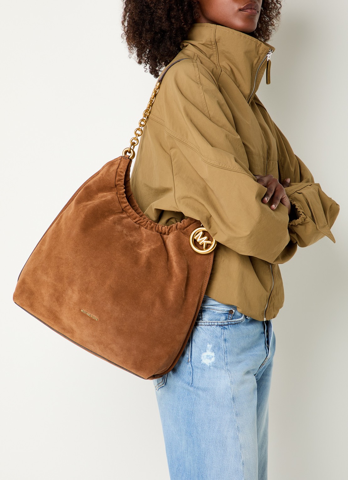 Michael Kors Indie schoudertas van suède  - voorkant 2 roestbruin