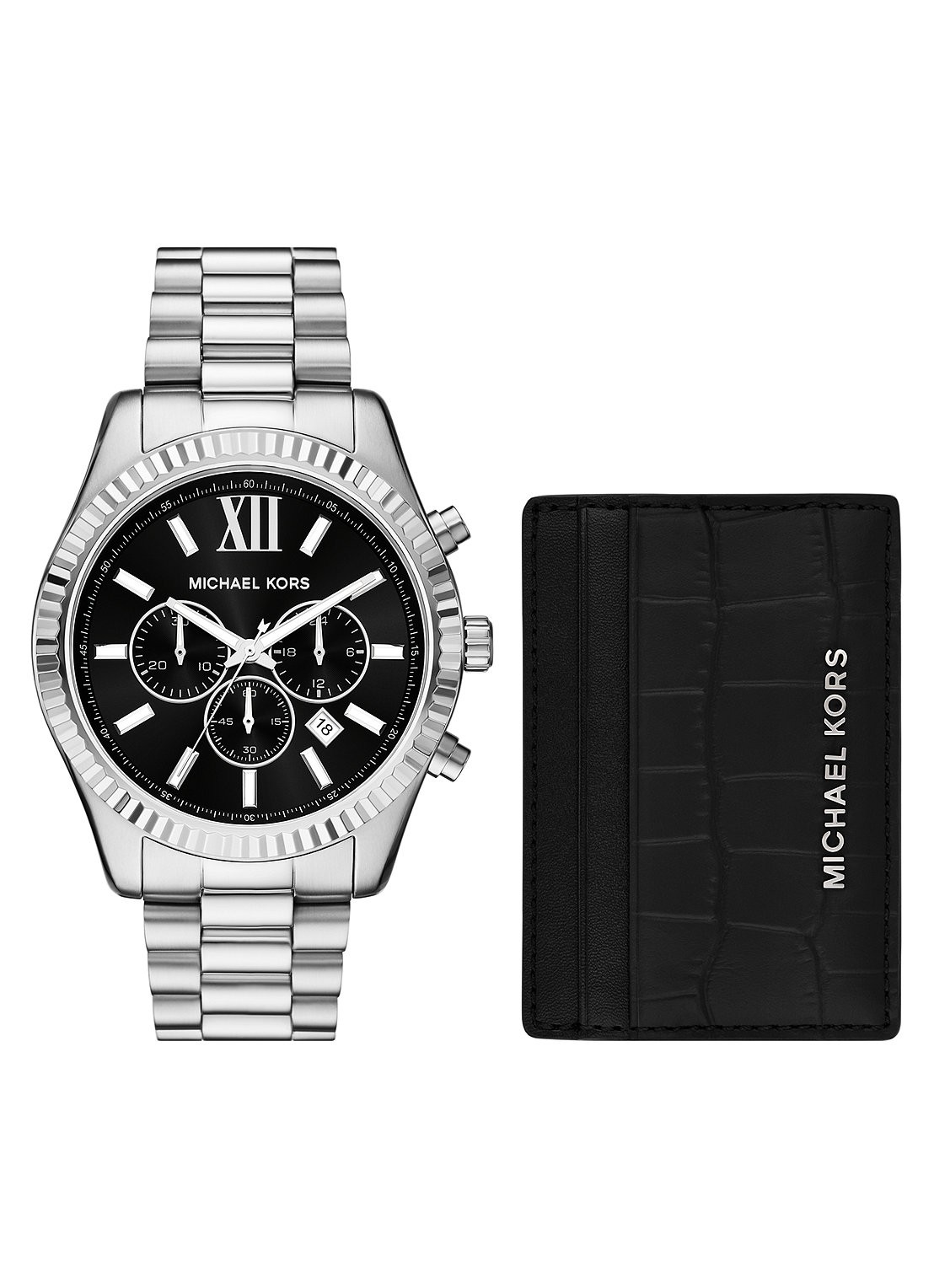 Michael Kors Lexington horloge en pasjeshouder set van 2 MK1091SET - voorkant zilver