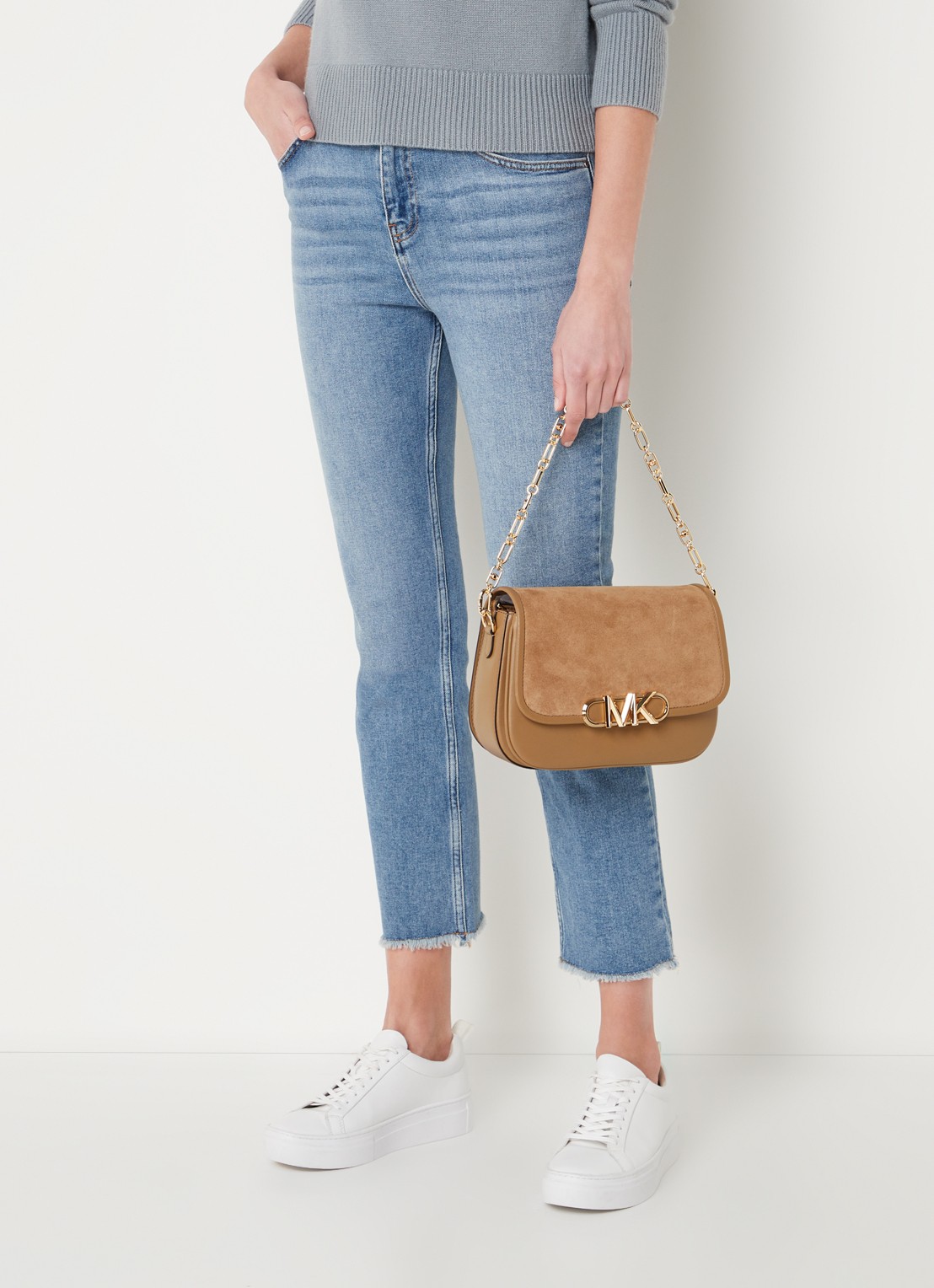Michael Kors Parker crossbodytas van leer met suède details - voorkant 5 camel