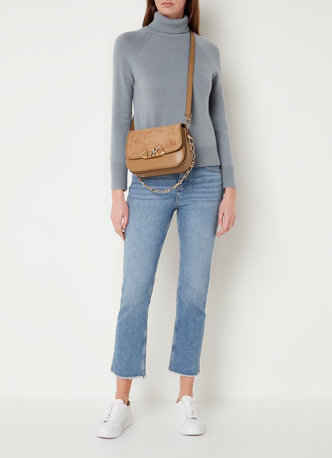 Michael Kors Parker crossbodytas van leer met suède details - voorkant 6 camel