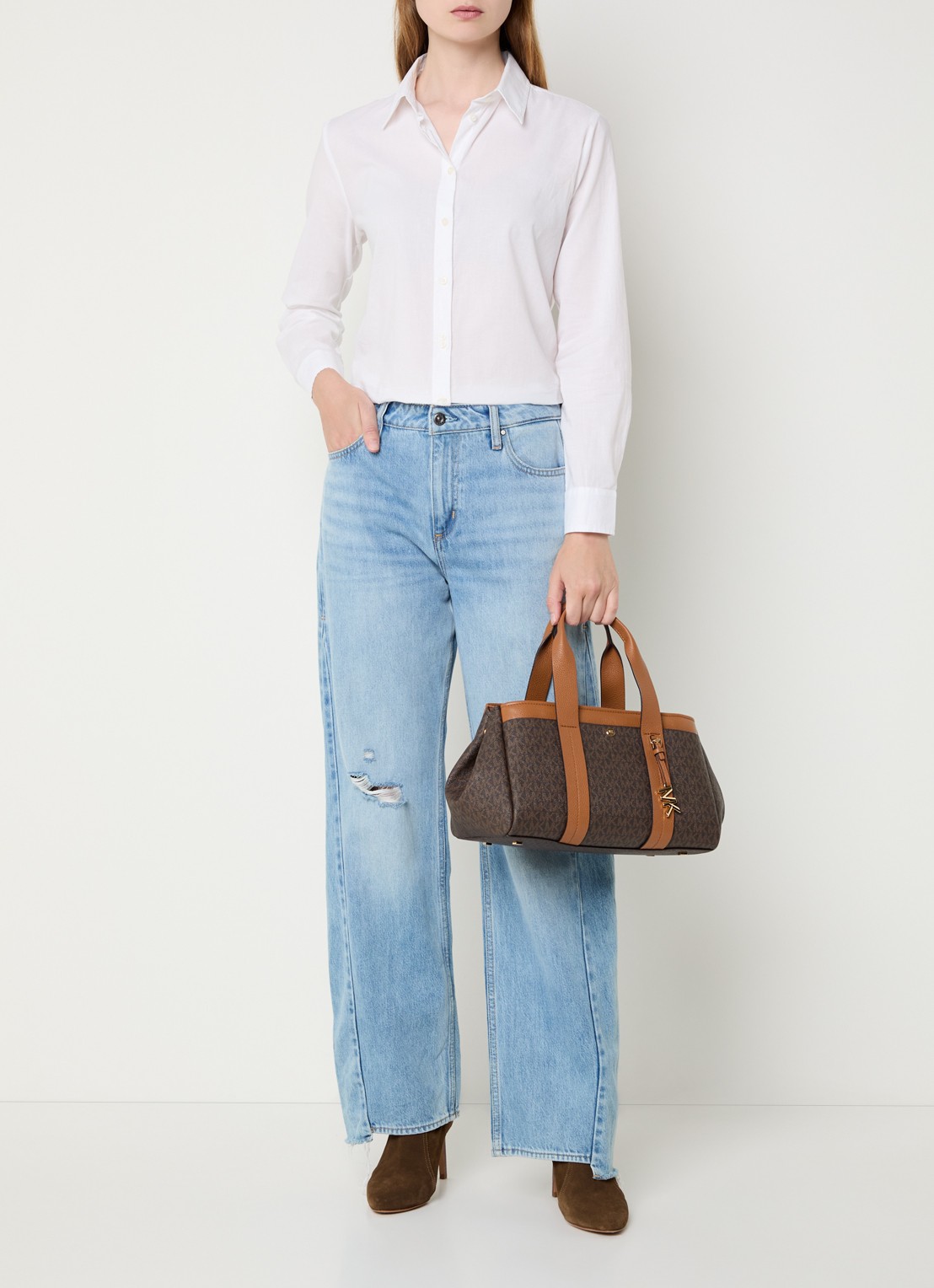 Michael Kors Romee handtas met logoprint en afneembare schouderriem - voorkant 7 bruin