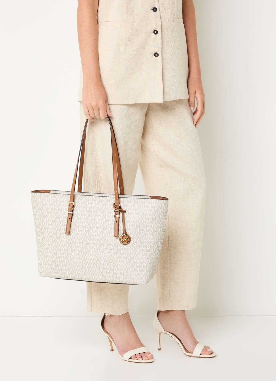 Michael Kors Shopper met logoprint - voorkant 2 gebroken wit