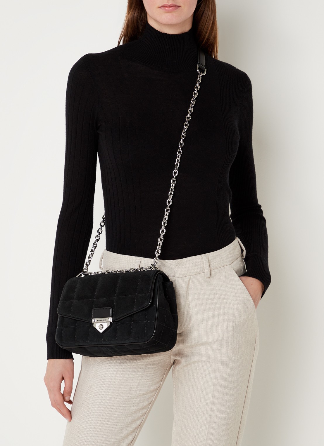 Michael Kors SoHo Large schoudertas met leren details - voorkant 4 zwart