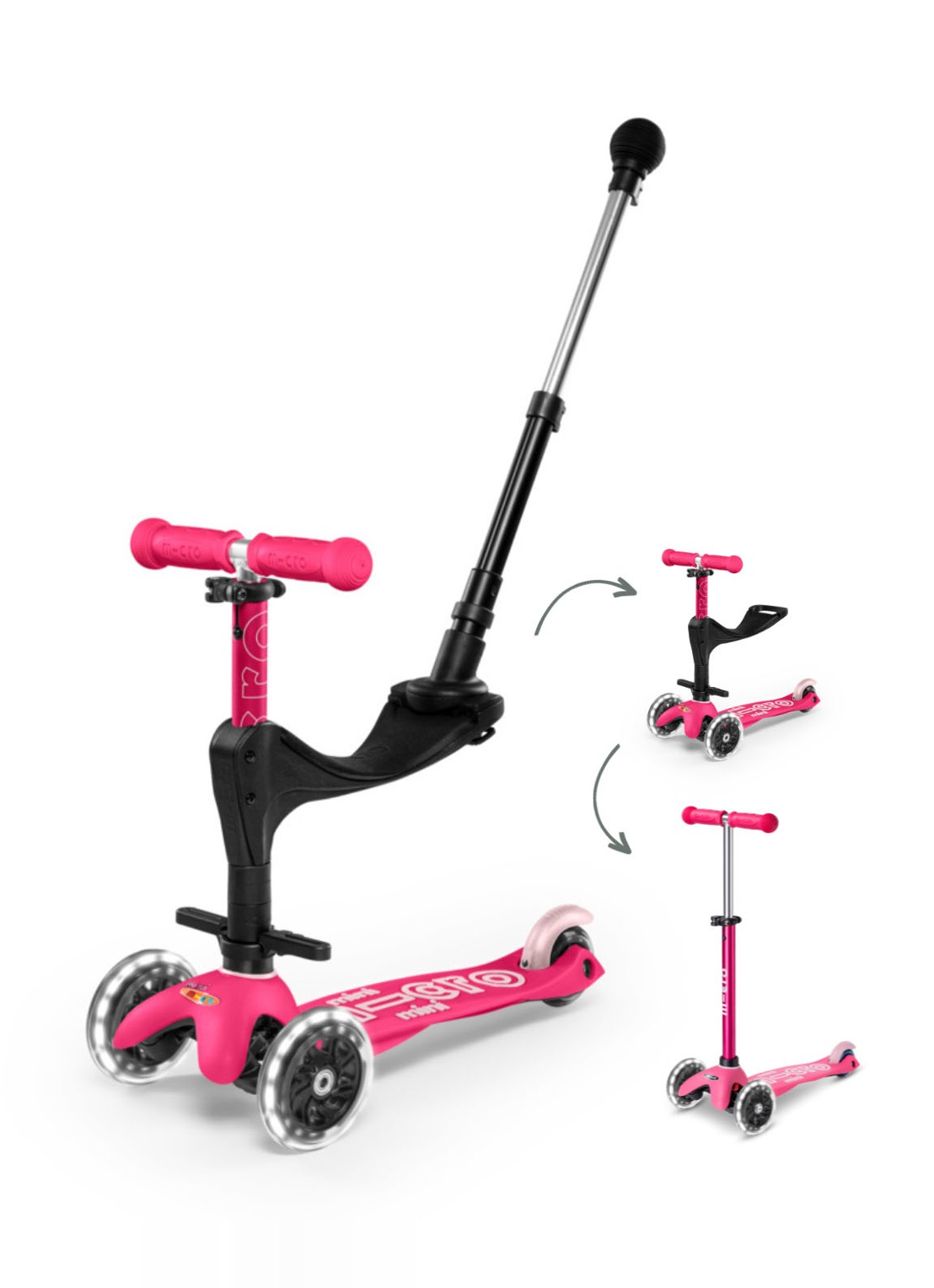 Micro Step Mini Micro Deluxe 3-in-1 Push step met LED-verlichting  - voorkant 2 roze