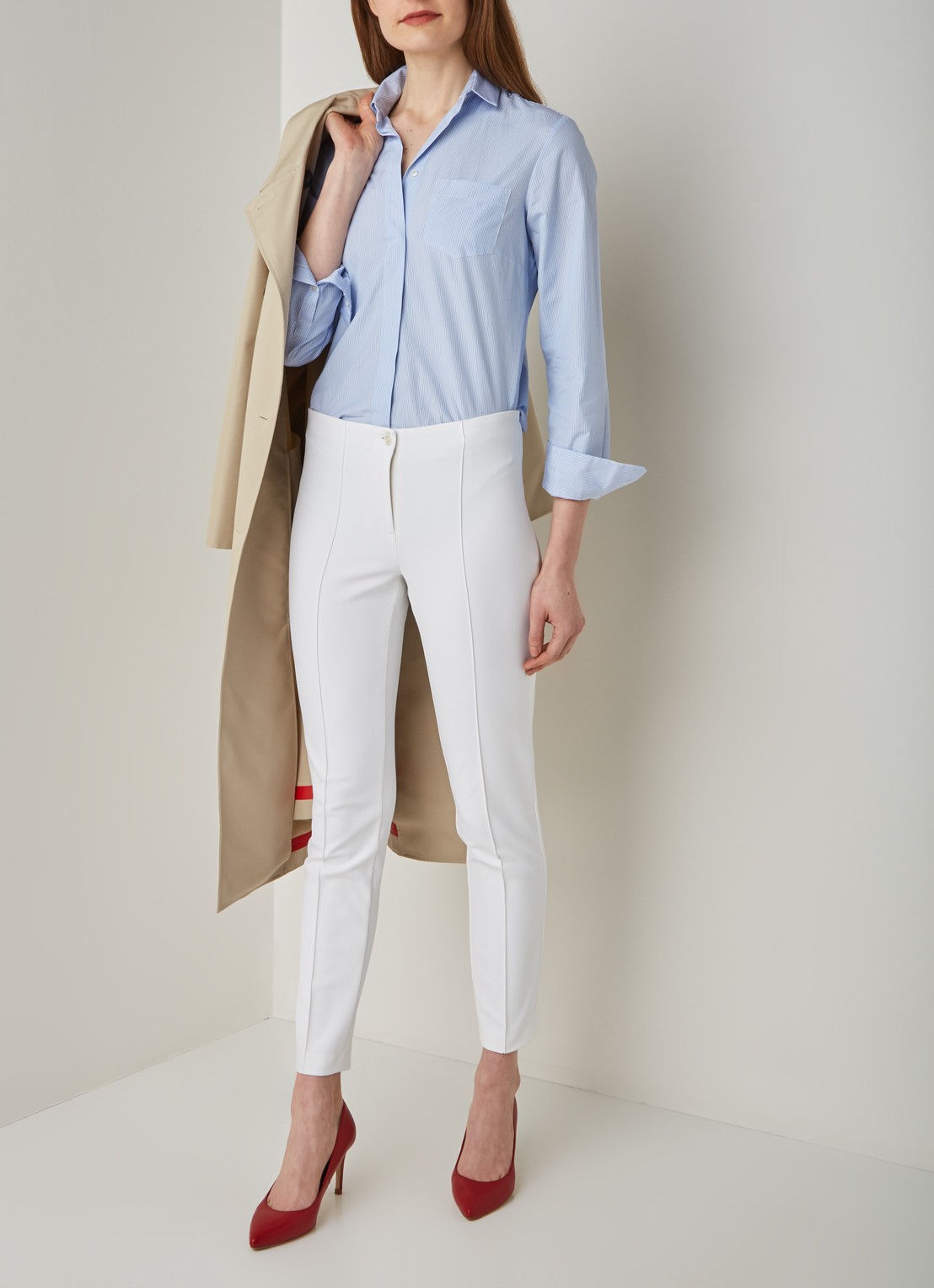 Mid waist slim fit pantalon met siernaad - voorkant 4 wit
