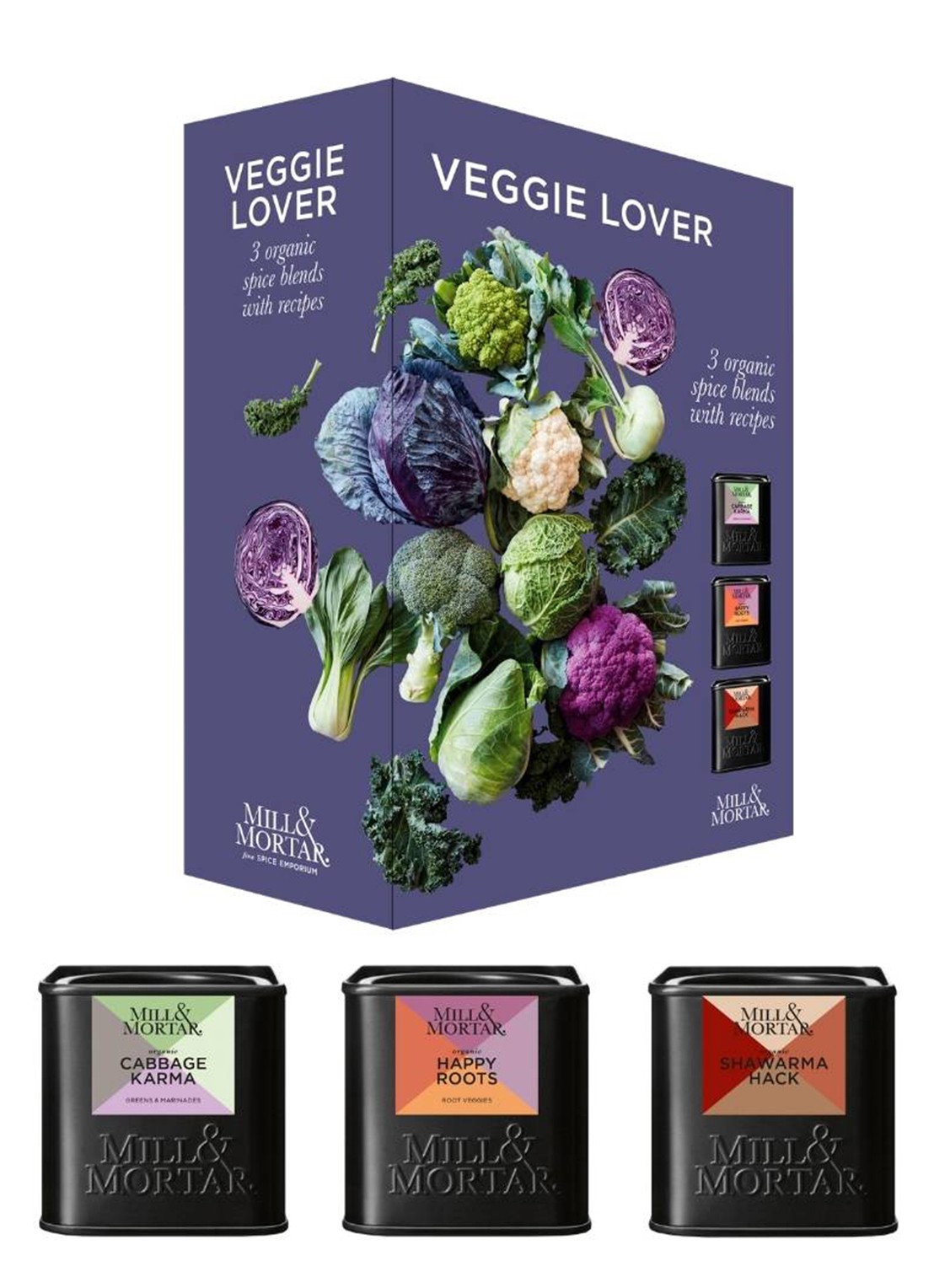 Mill & Mortar Veggie Lover kruidenmix in geschenkverpakking  - voorkant 3 paars