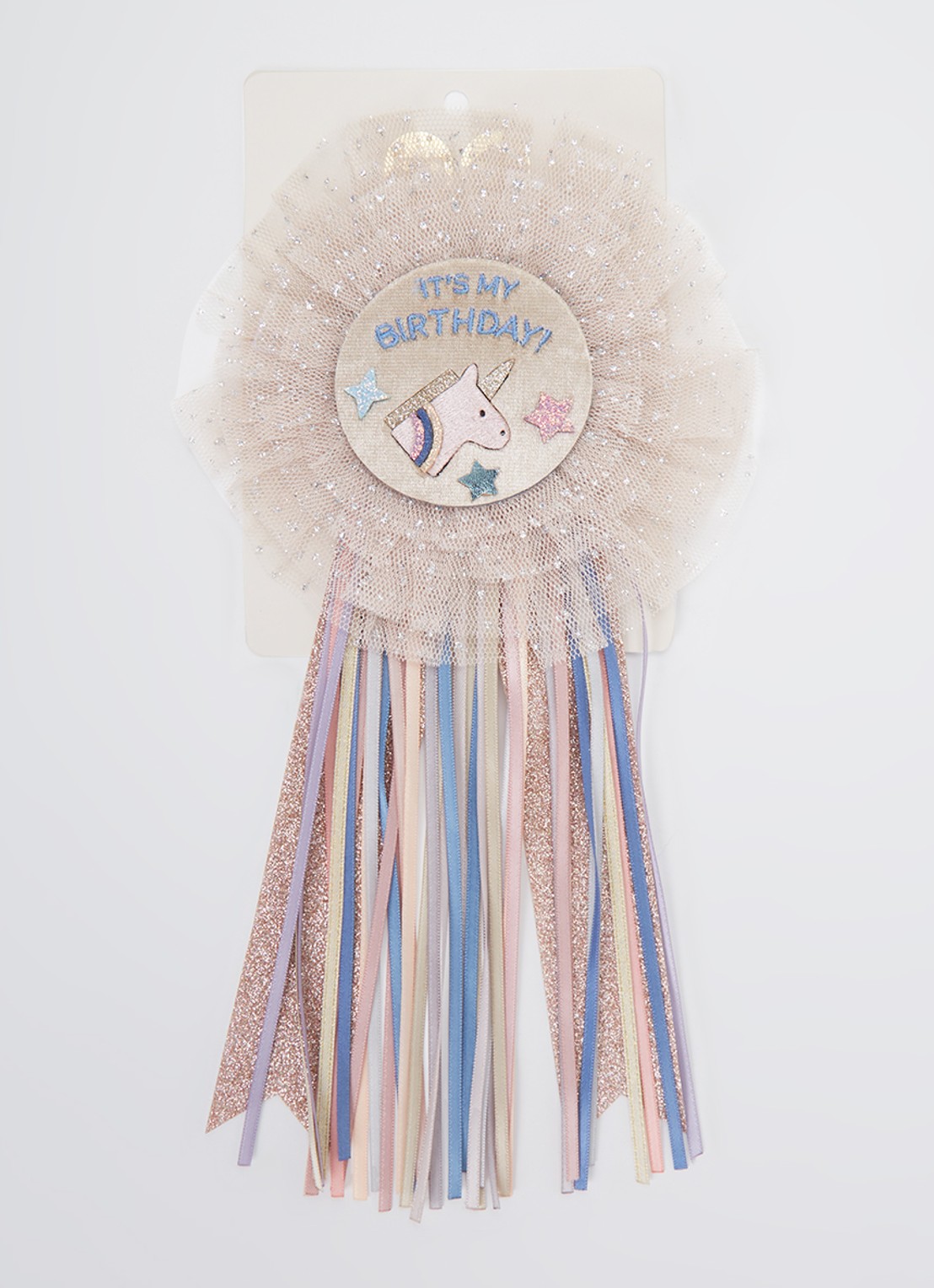 Mimi & Lula Unicorn Birthday rozet met glitter - voorkant beige