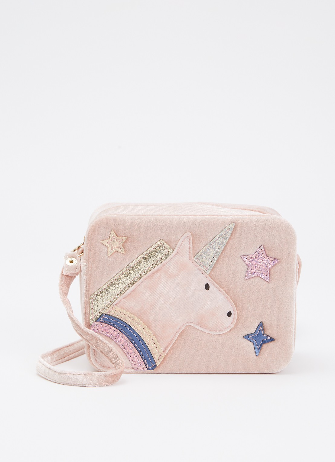 Mimi & Lula Unicorn Boxy crossbodytas van fluweel met glitter - voorkant lichtroze