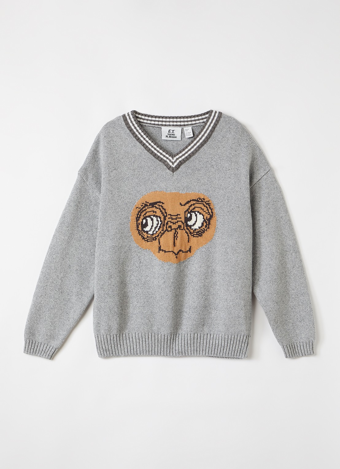 Mini Rodini E.T. Intarsia fijngebreide trui met ingebreid patroon - voorkant grijs