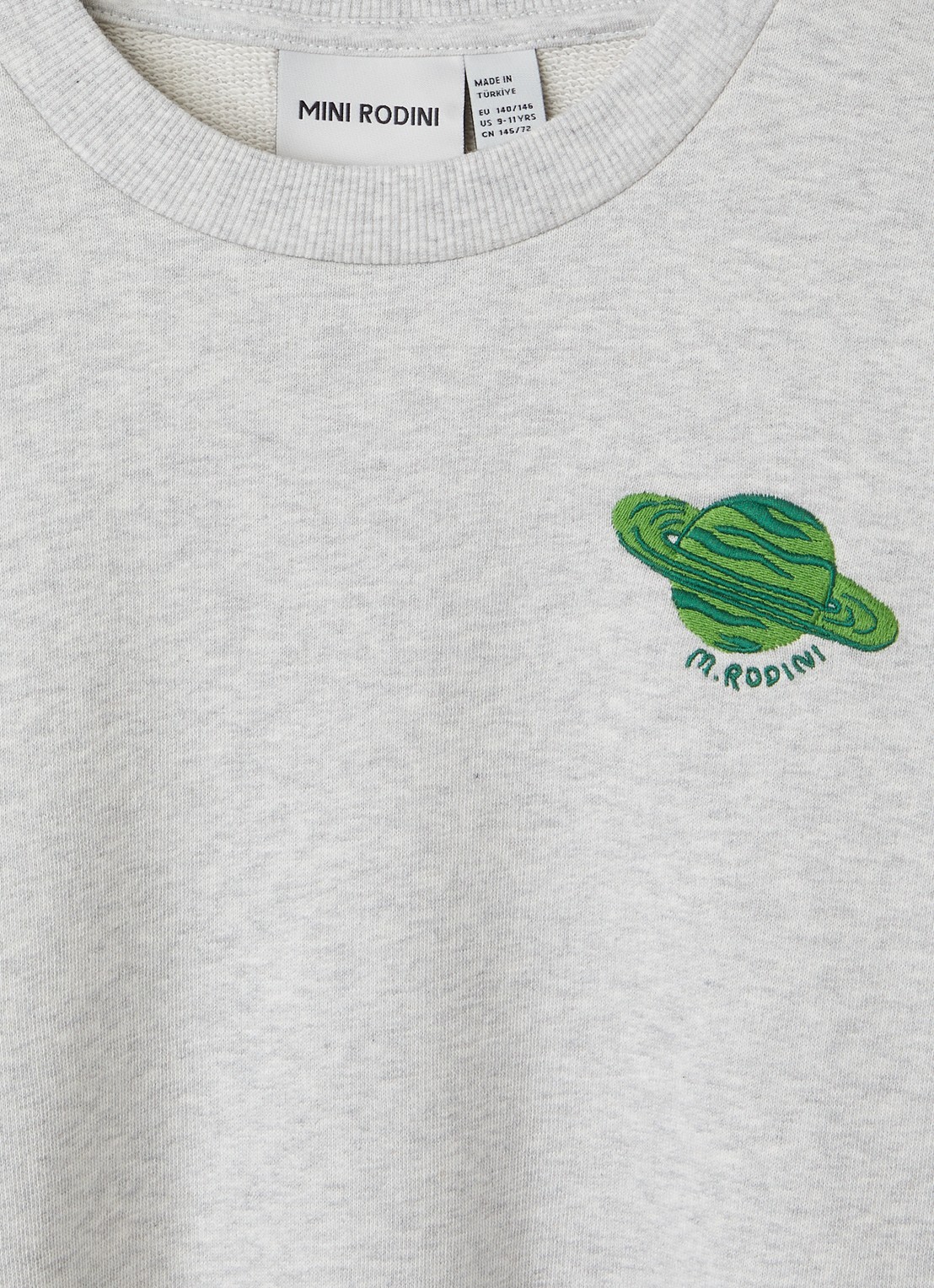 Mini Rodini Planet sweater met logo - detail grijsmele