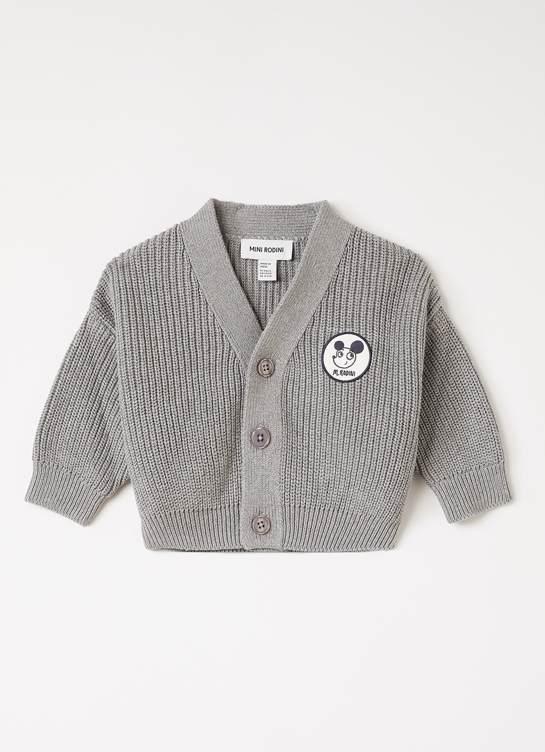 Mini Rodini Ritzrats grofgebreid vest met borduring - voorkant 2 grijsmele