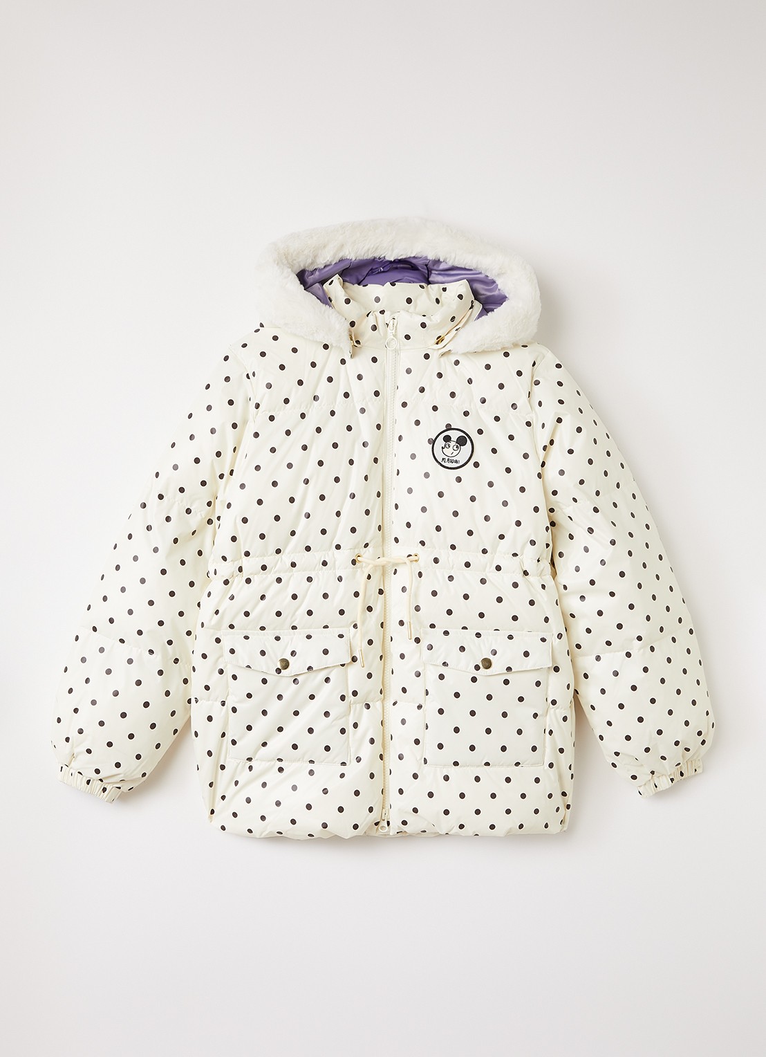 Mini Rodini Ritzratz pufferjack met stippenprint - voorkant 2 gebroken wit