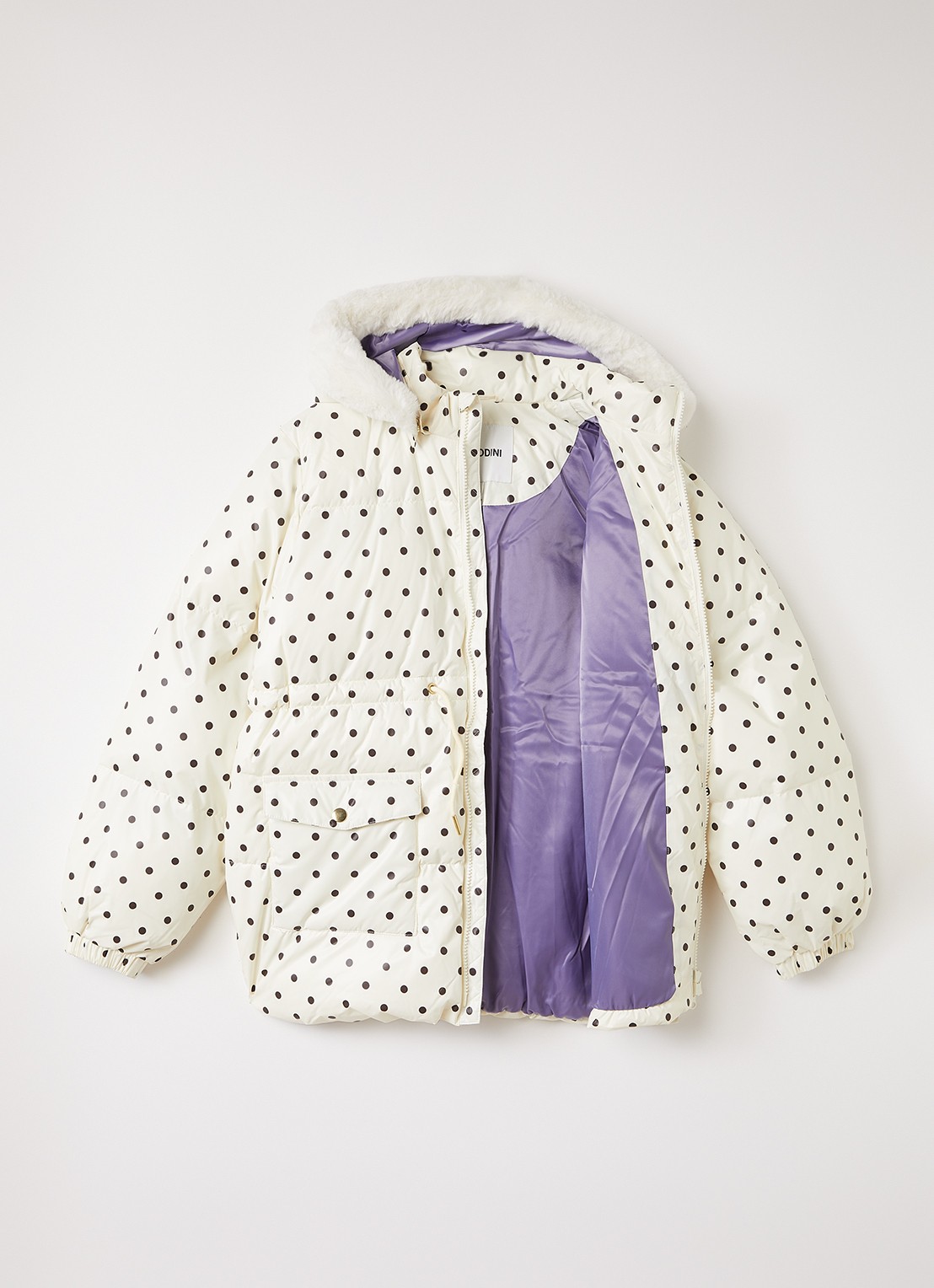 Mini Rodini Ritzratz pufferjack met stippenprint - voorkant 3 gebroken wit