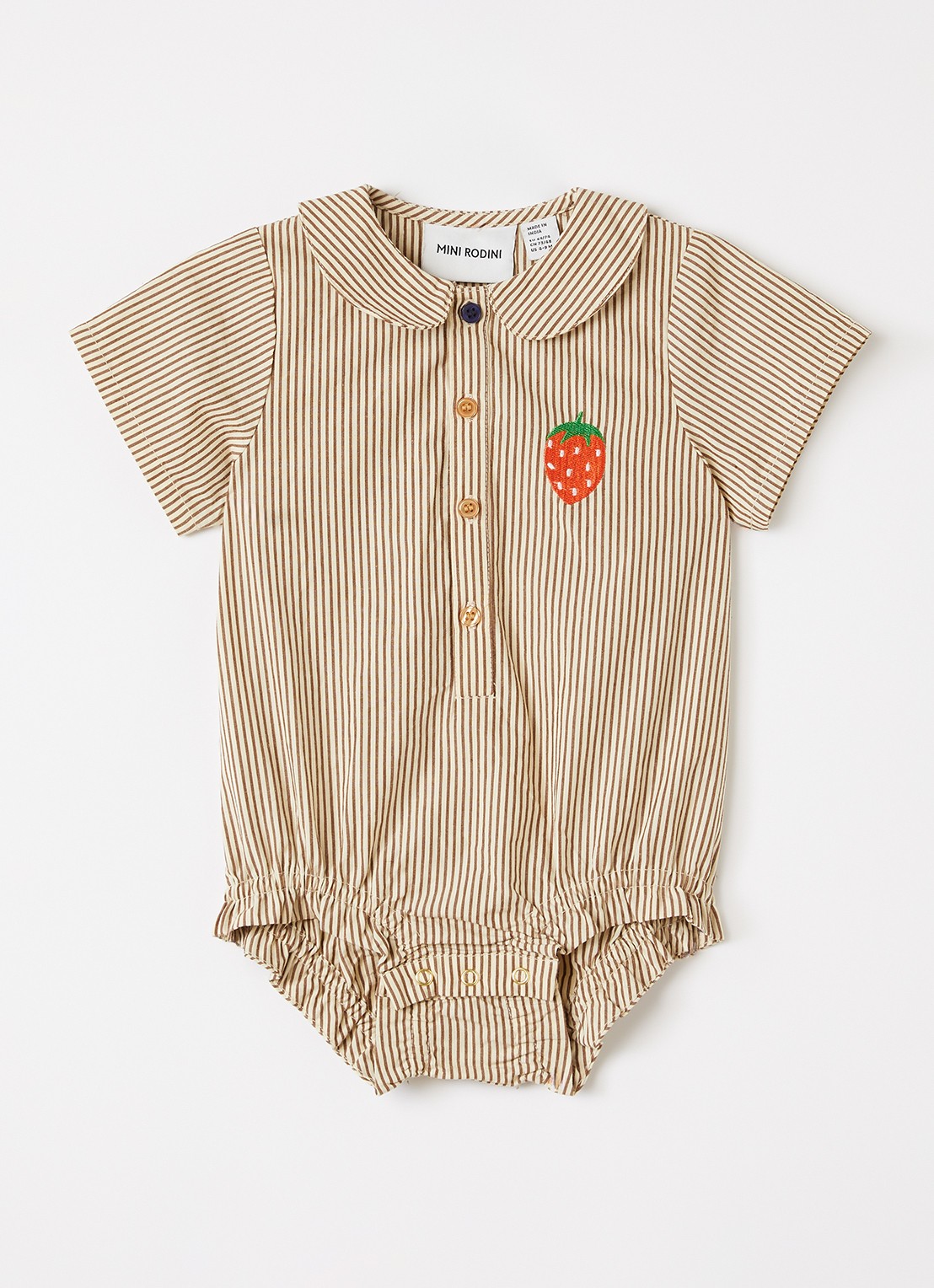 Mini Rodini Romper met streepprint - voorkant camel