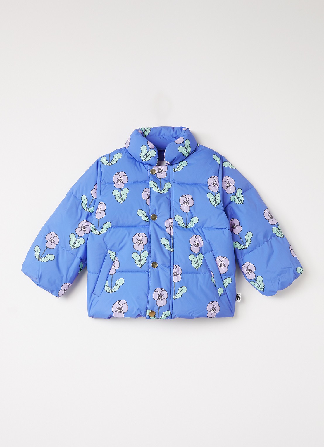Mini Rodini Violas pufferjack met bloemenprint - voorkant 2 blauw