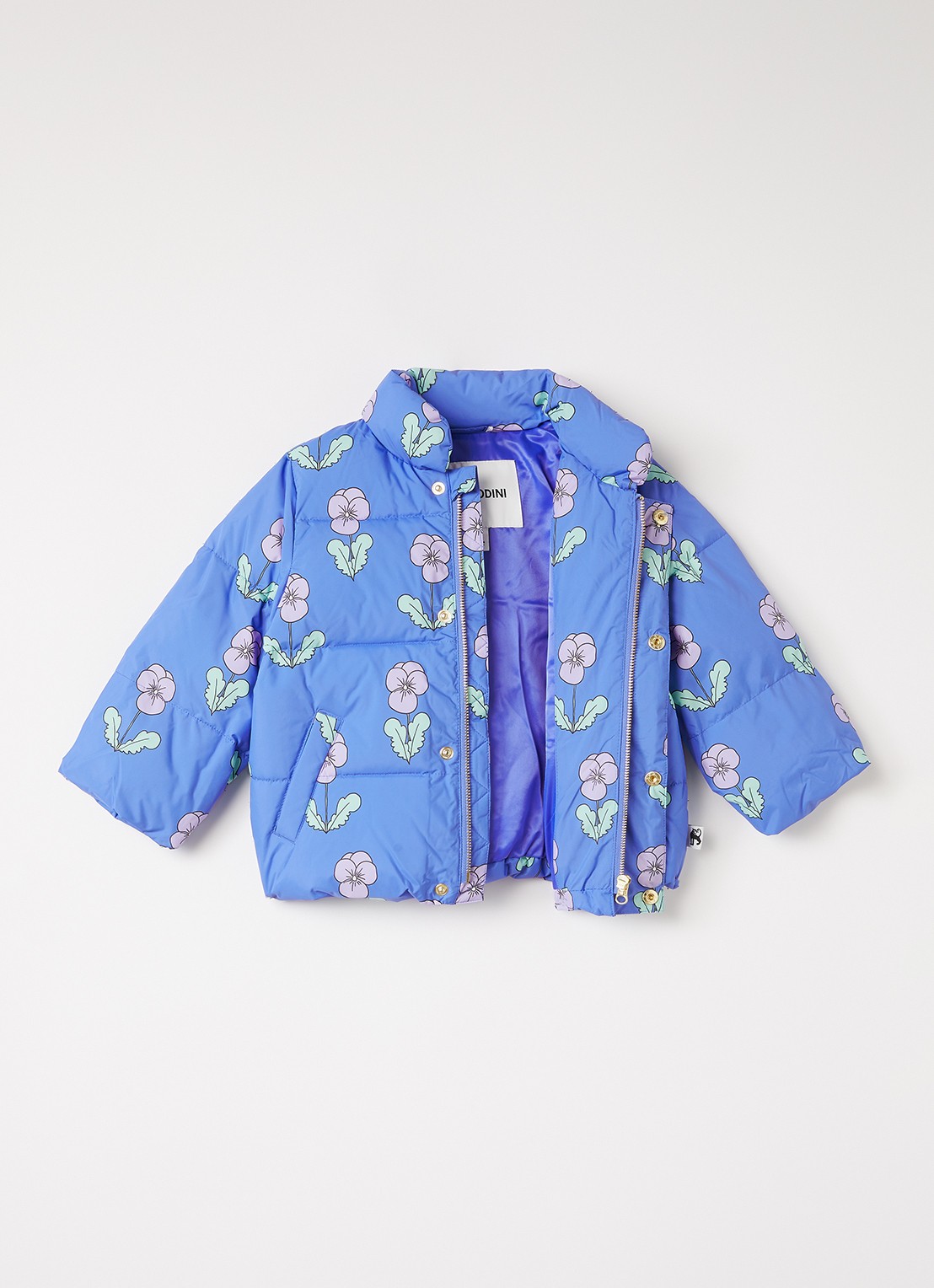 Mini Rodini Violas pufferjack met bloemenprint - voorkant 3 blauw
