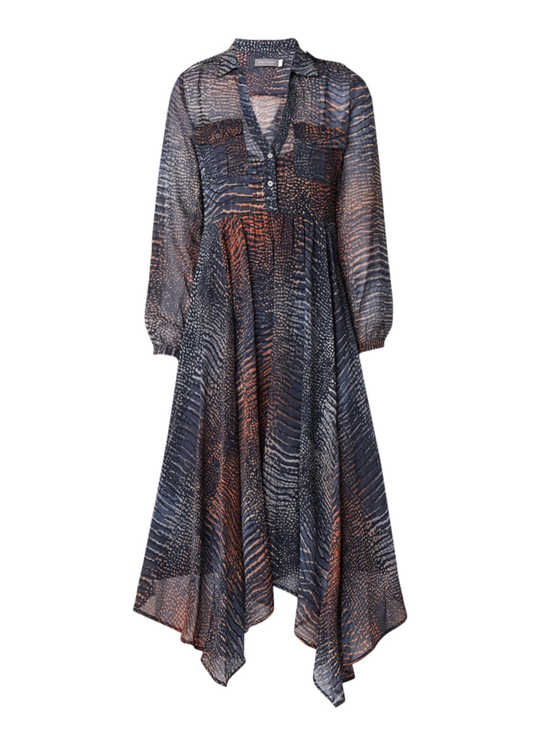 Mint Velvet Marlee midi-jurk van chiffon met slangendessin  - voorkant 3 donkerblauw