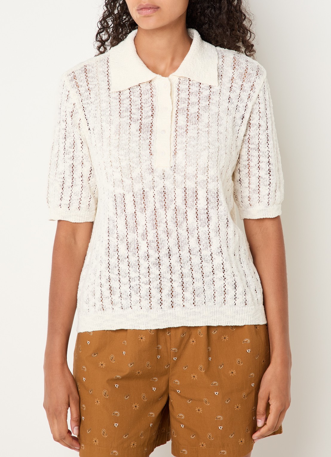 Modström Agnes polo met opengewerkt dessin - detail creme