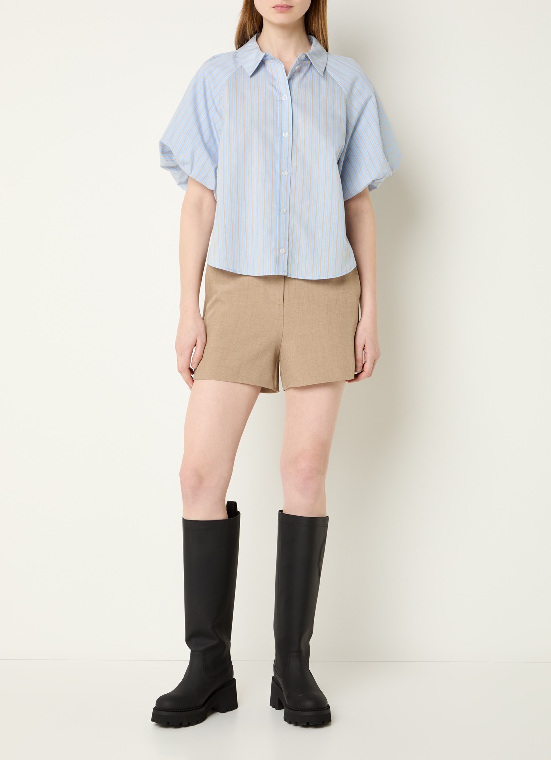 Modström Augusta blouse met ballonmouw en streepprint - voorkant 2 lichtblauw