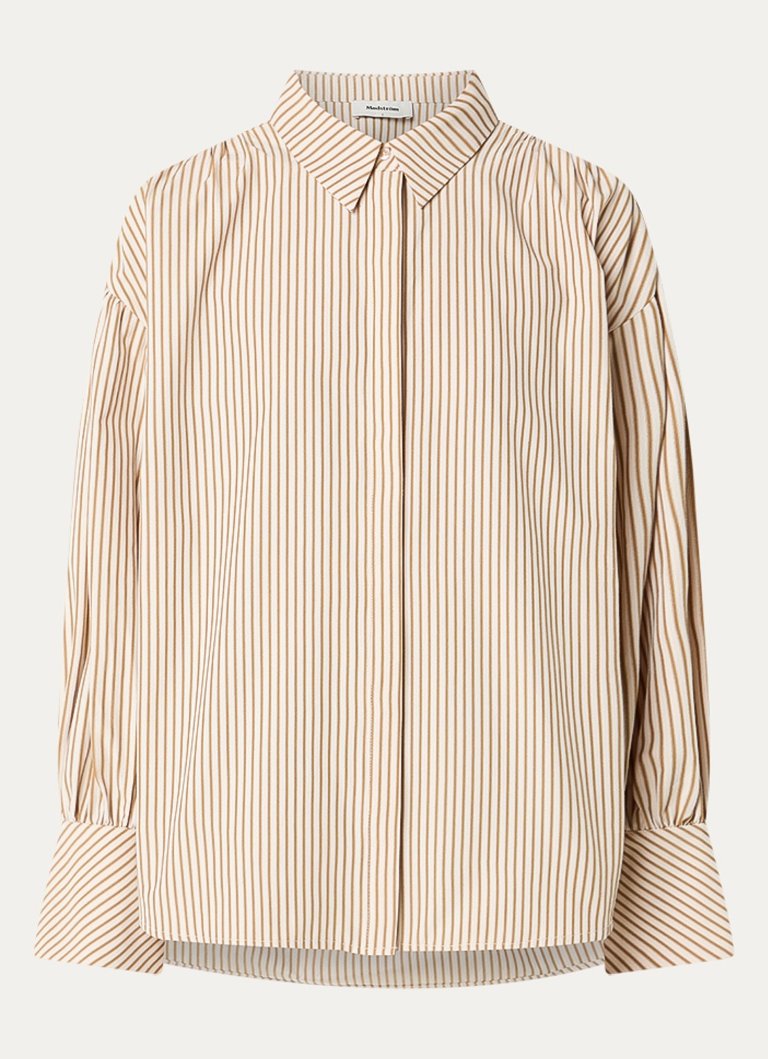 Modström Baldvin blouse met trompetmouw en streepprint - voorkant 2 donkerbeige