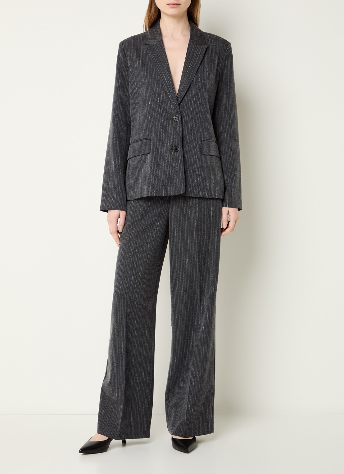 Modström Birna mid waist wide fit pantalon met krijtstreep - voorkant 3 antraciet