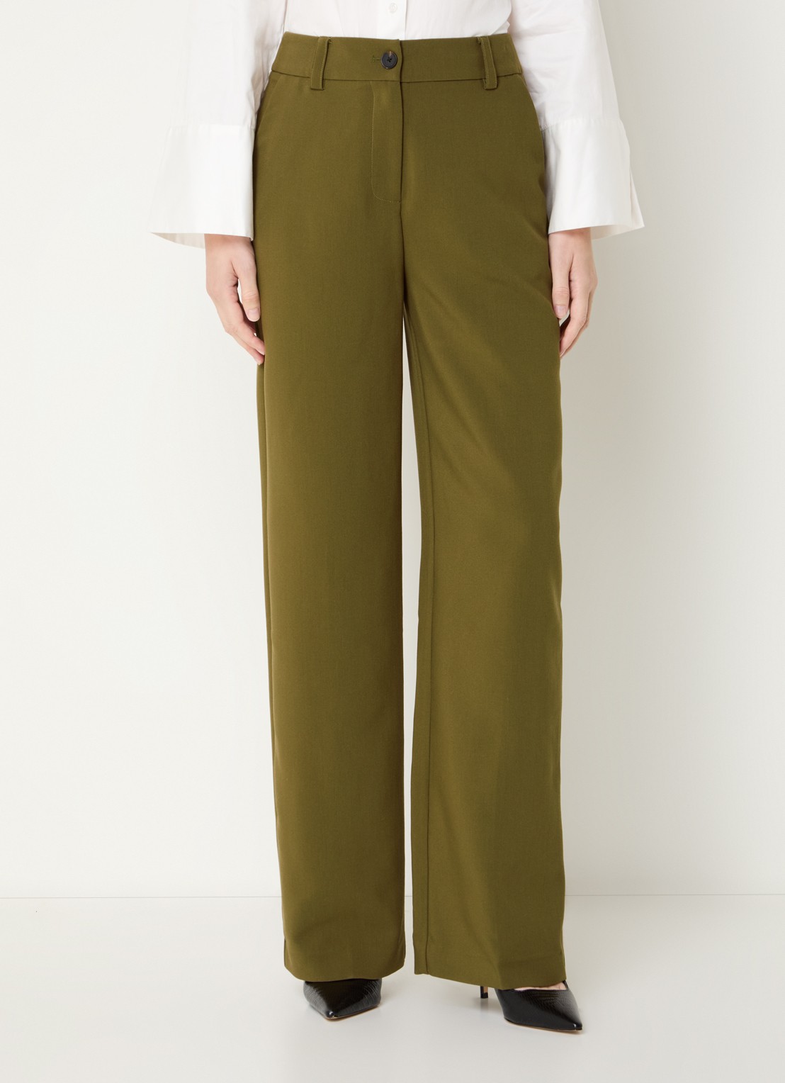 Modström Gale high waist straight fit pantalon met steekzakken en persplooi - detail 4 mosgroen
