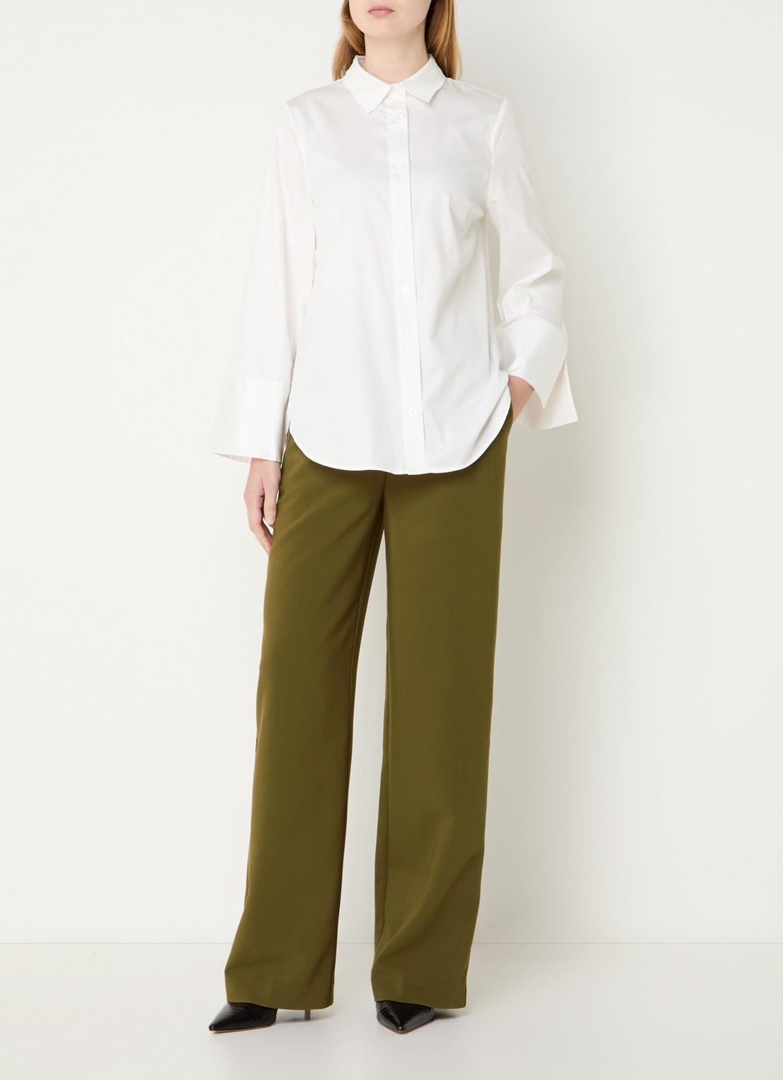 Modström Gale high waist straight fit pantalon met steekzakken en persplooi - voorkant 3 mosgroen
