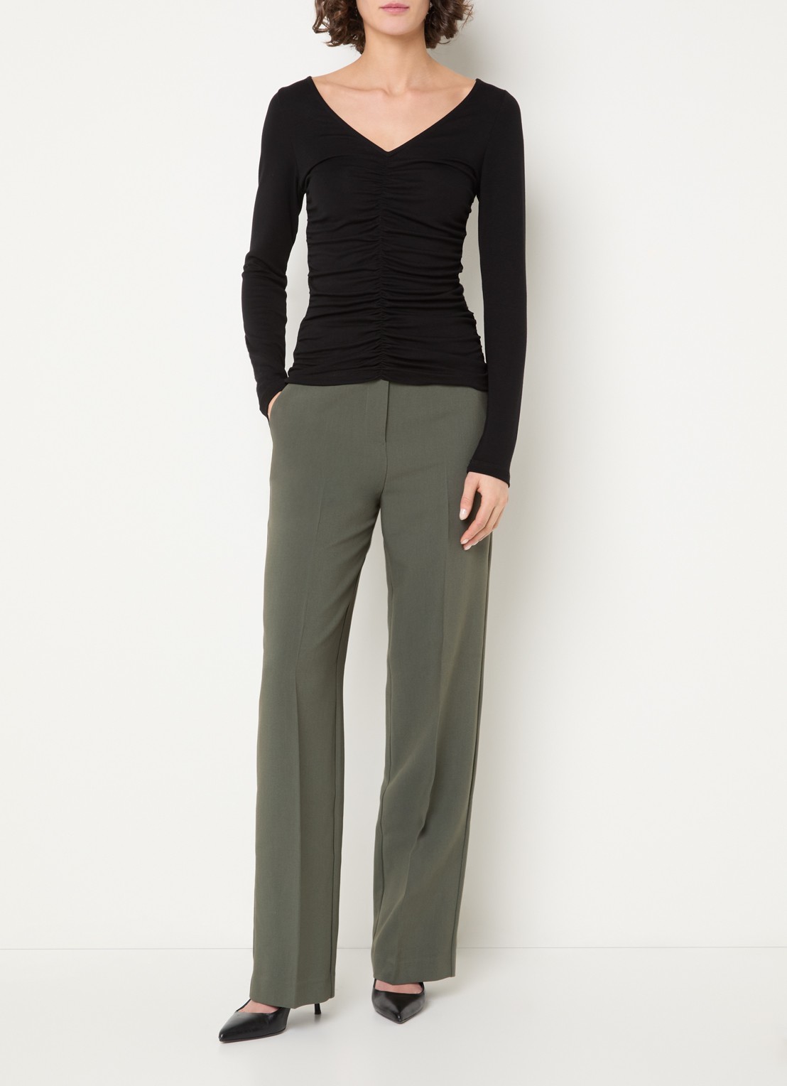 Modström Gale high waist straight fit pantalon met steekzakken en persplooi - voorkant 4 bronsgroen