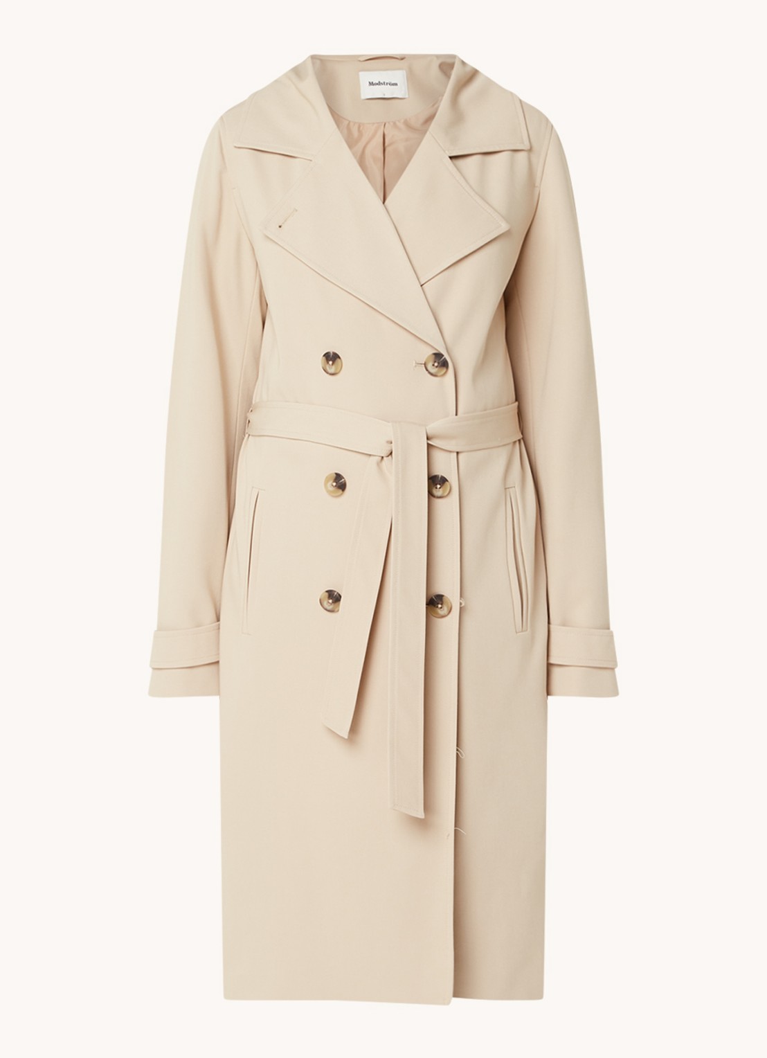 Modström Hiro trenchcoat met dubbele knopenrij en strikceintuur - voorkant 3 donkerbeige