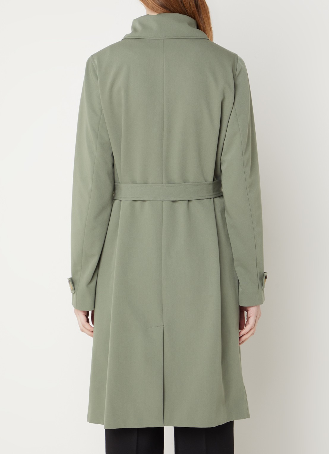 Modström Hiro trenchcoat met dubbele knopenrij en strikceintuur - achterkant 3 legergroen