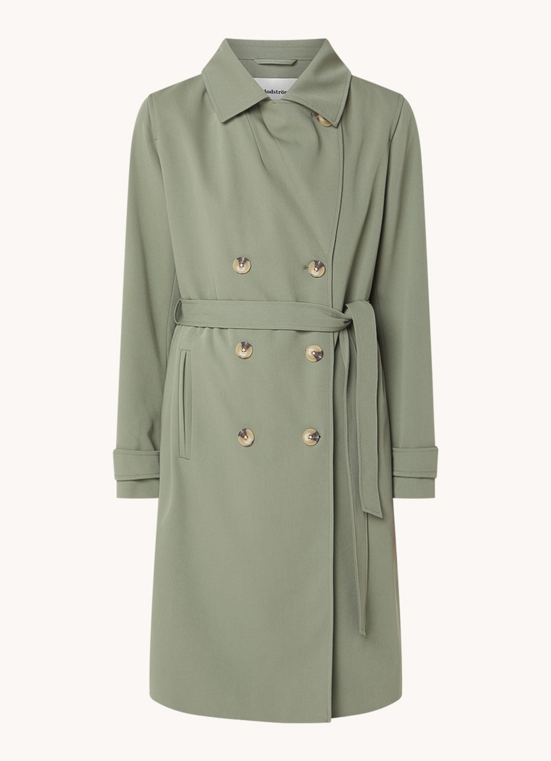 Modström Hiro trenchcoat met dubbele knopenrij en strikceintuur - voorkant legergroen
