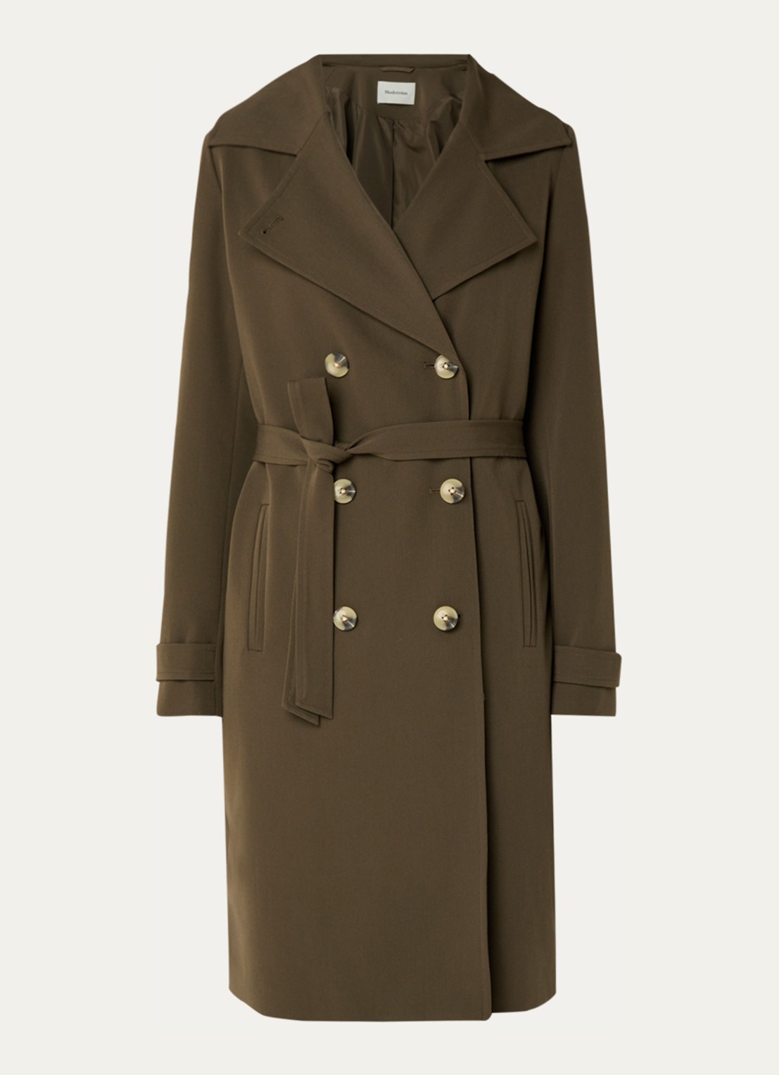 Modström Hiro trenchcoat met dubbele knopenrij en strikceintuur - voorkant bronsgroen