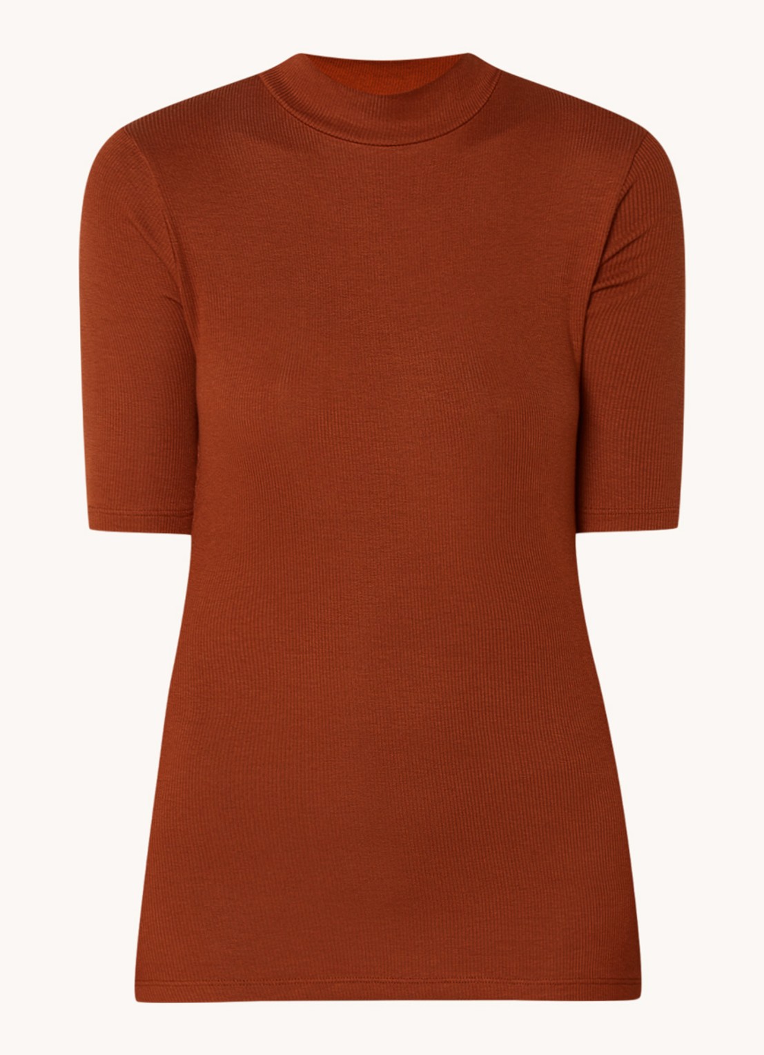 Modström Krown T-shirt met ribstructuur - voorkant oranjebruin