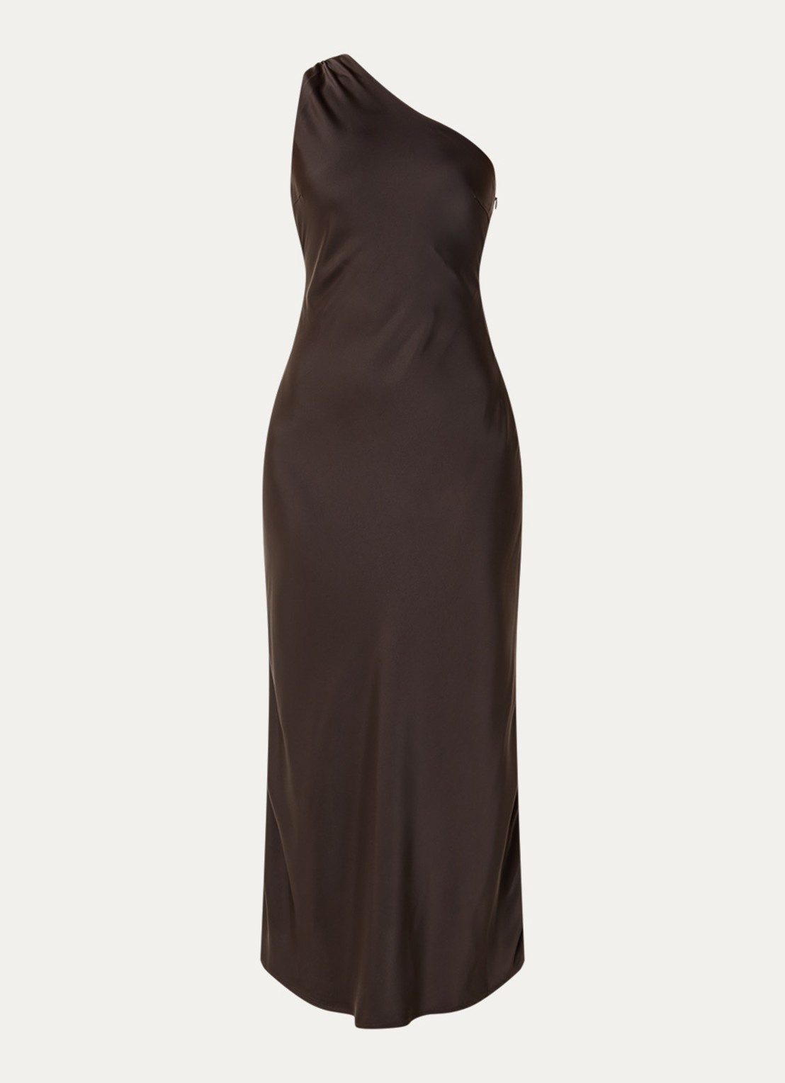 Modström Narcissa one shoulder midi jurk van satijn - voorkant 3 donkerbruin