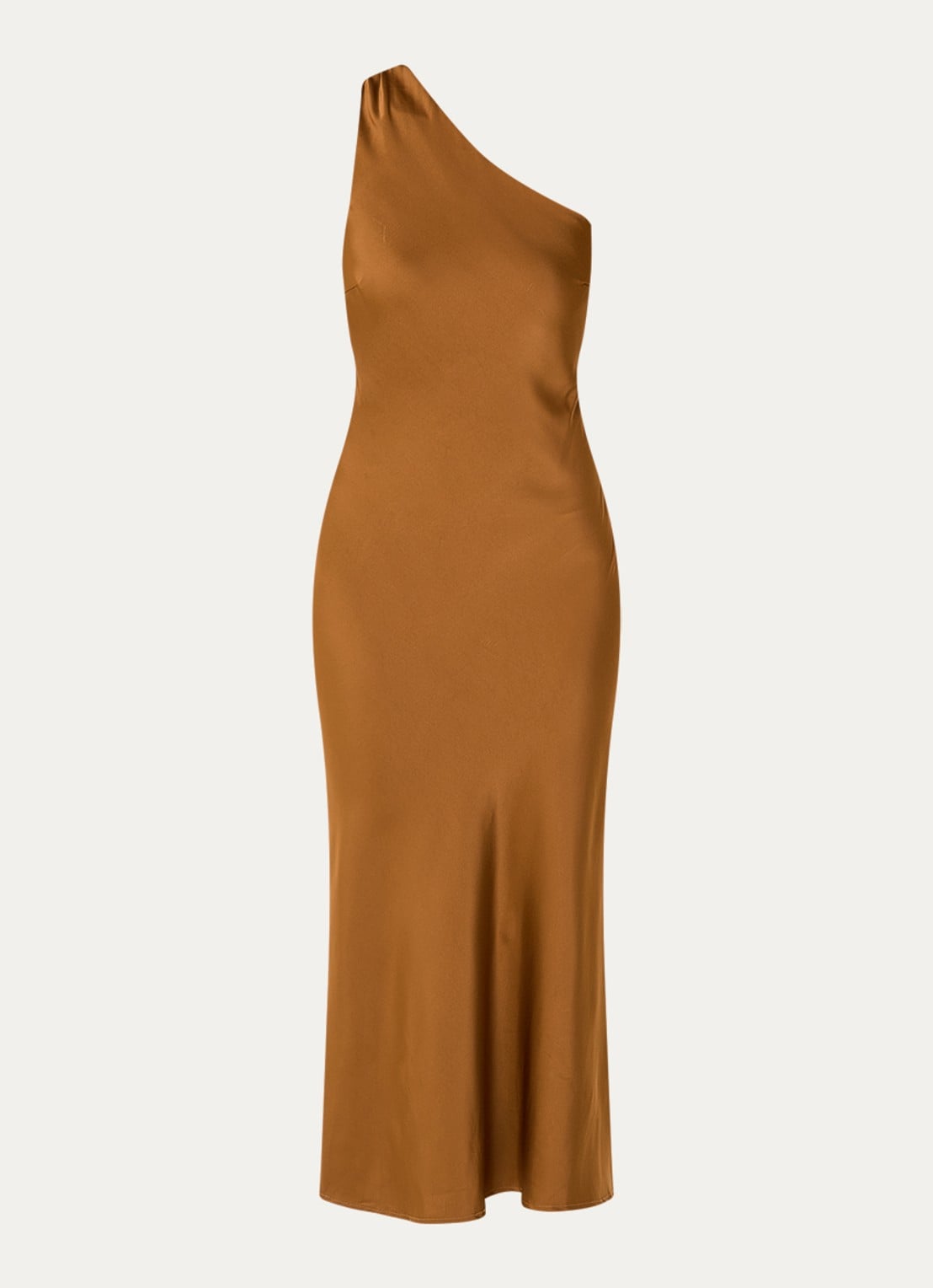 Modström Narcissa one shoulder midi jurk van satijn - voorkant roestbruin