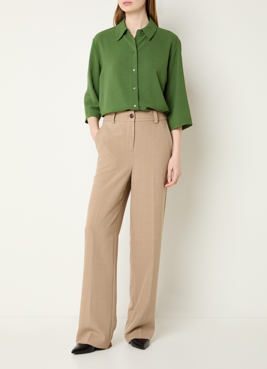 Modström Popel blouse van crêpe met trompetmouw - voorkant 3 groen