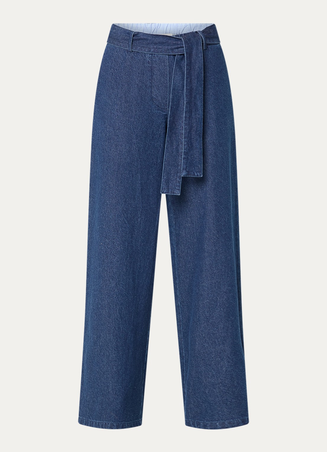 Modström Possym high waist wide leg jeans met elastische band en strikceintuur - voorkant indigo
