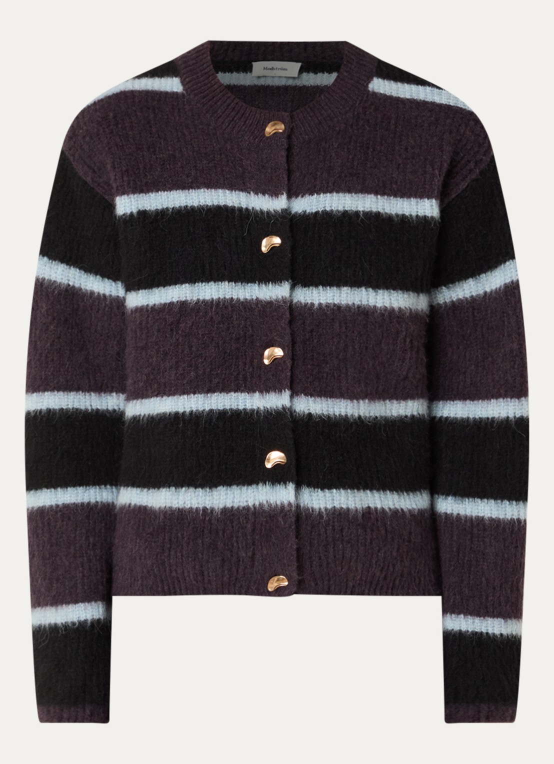 Modström Rafael fijngebreid vest in alpaca wolblend met streepprint - voorkant aubergine